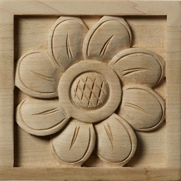 Ekena Millwork 3 1/2"W x 3 1/2"H x 3/4"P Medium Sunflower Square Rosette, Cherry ROS03X03X01SFCH - main